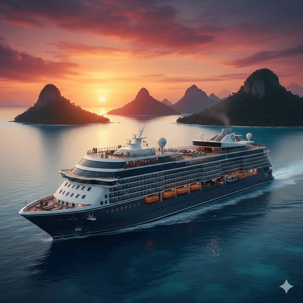 A luxury cruise ship sailing past tropical islands during a vibrant sunset, representing 2026 travel trends.
