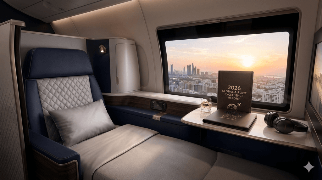 Luxury first-class airline cabin suite with navy blue interior, 2026 global airline excellence report on table, sunset view from airplane window.