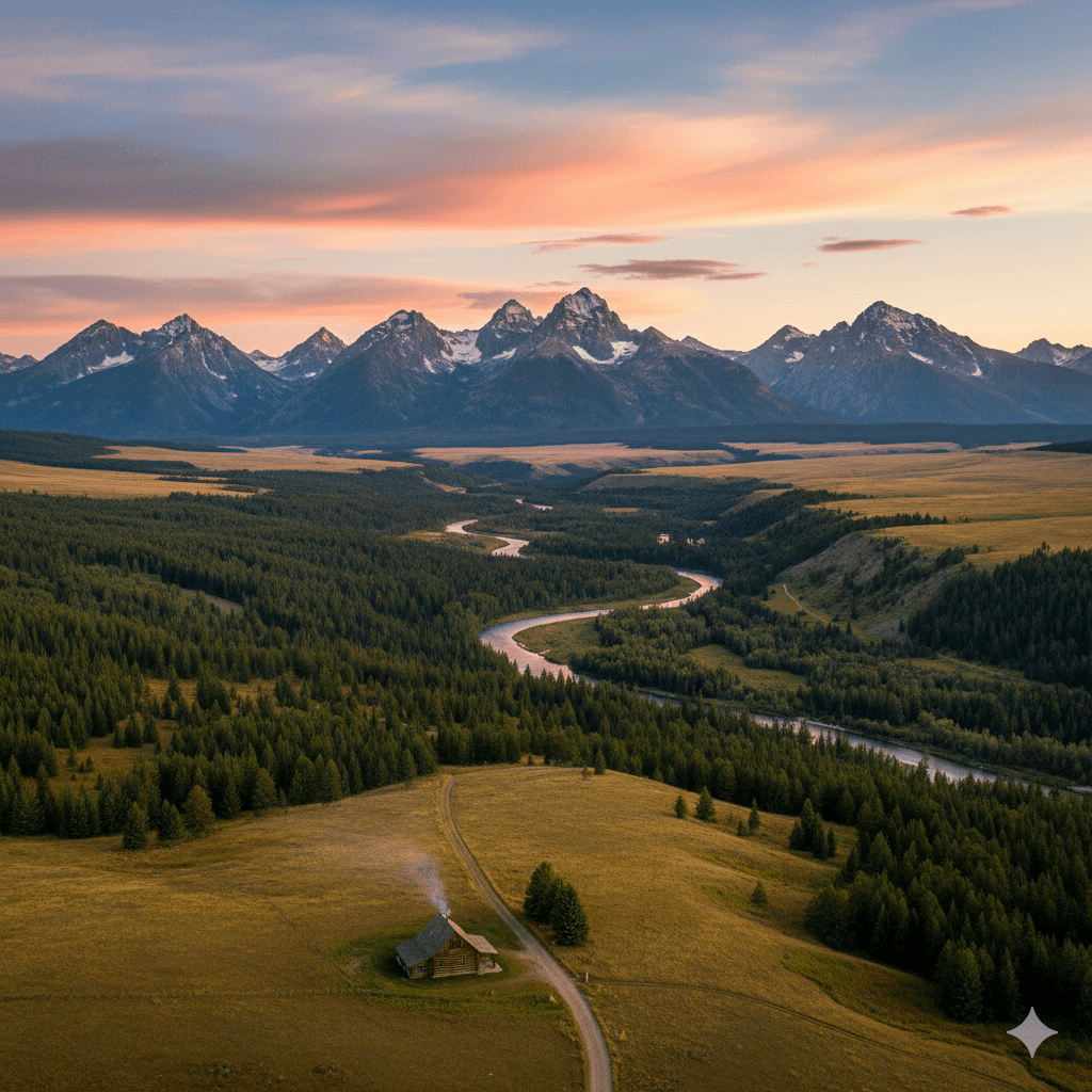Scenic sunset landscape of Big Sky, Montana, featuring dramatic mountains, a winding river, and a cozy cabin.