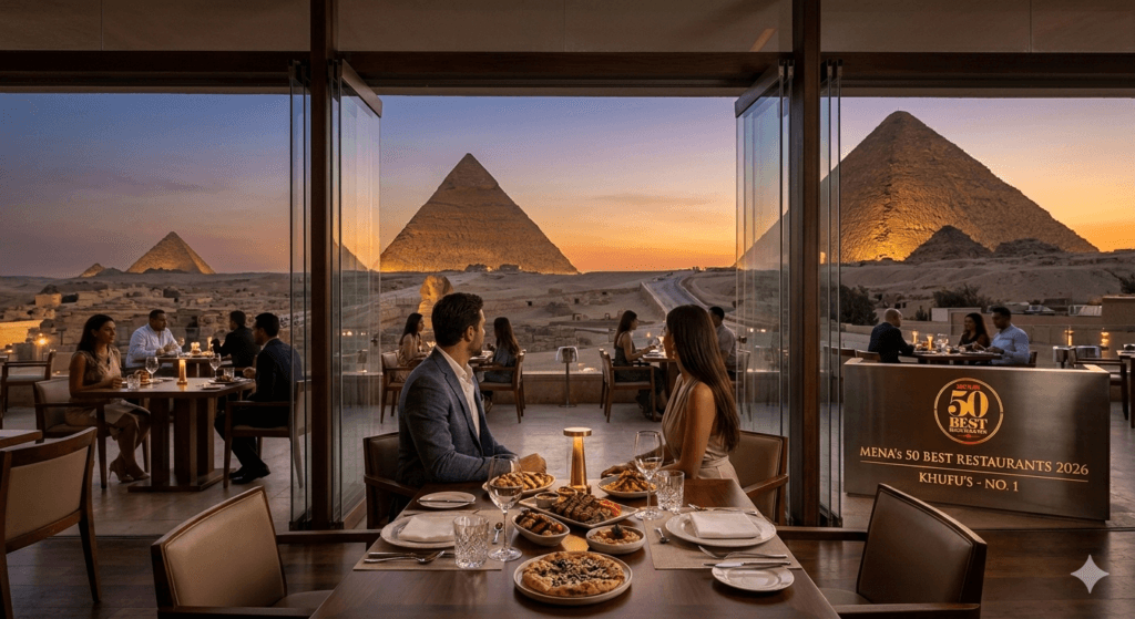 A sophisticated evening scene from inside Khufu's restaurant on the Giza Plateau, Egypt, featuring patrons dining with a direct, panoramic view of the Great Pyramids at sunset. A gold and red award plaque is visible, marking it as MENA's 50 Best Restaurants 2026 No. 1.
