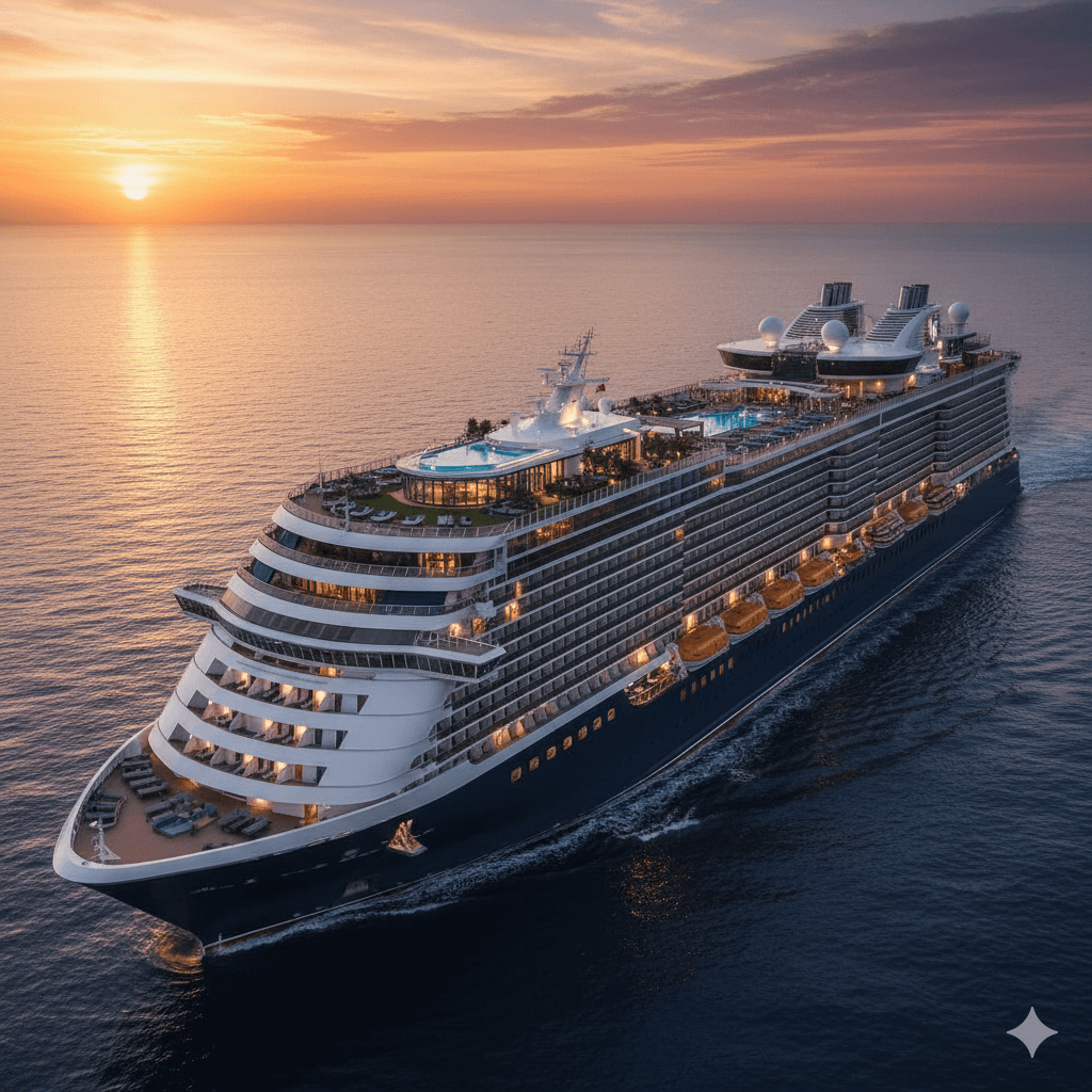 A magnificent ultra-luxury cruise ship sailing on a calm ocean at sunset.