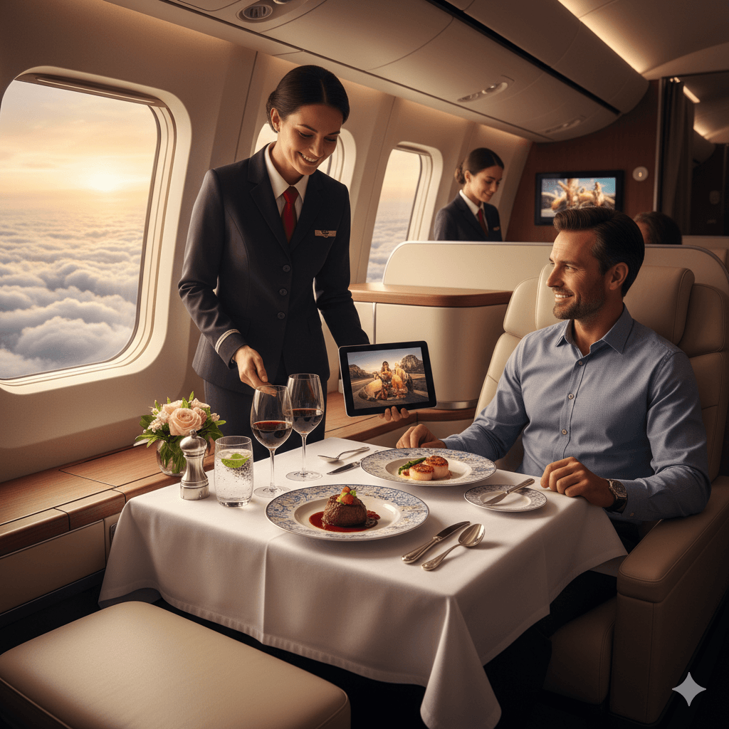 Professional flight attendant serving a gourmet meal to a passenger in a luxury first-class cabin at cruising altitude.