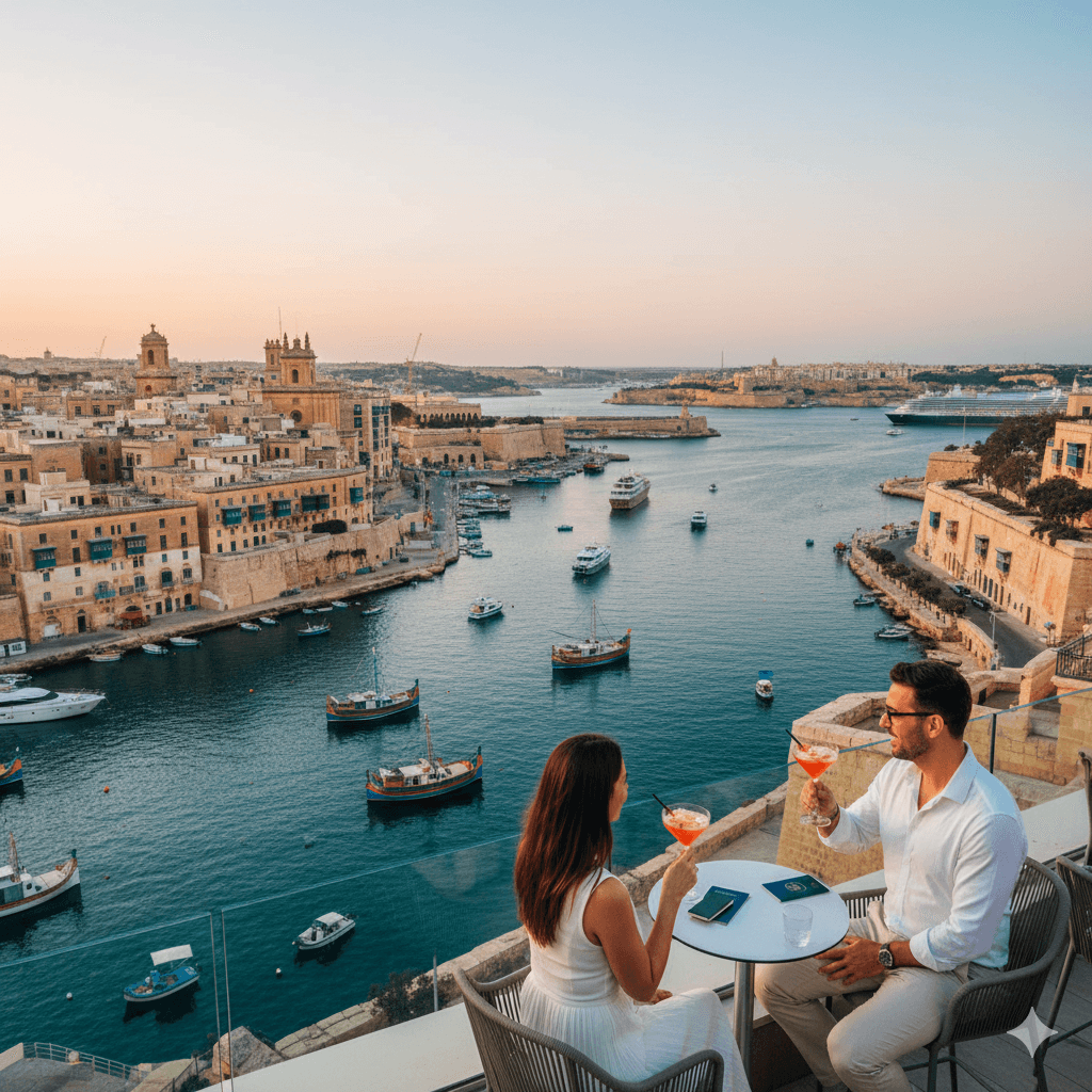 Couple enjoying the sunset in Malta, the top-ranked country in the 2026 Nomad Passport Index.