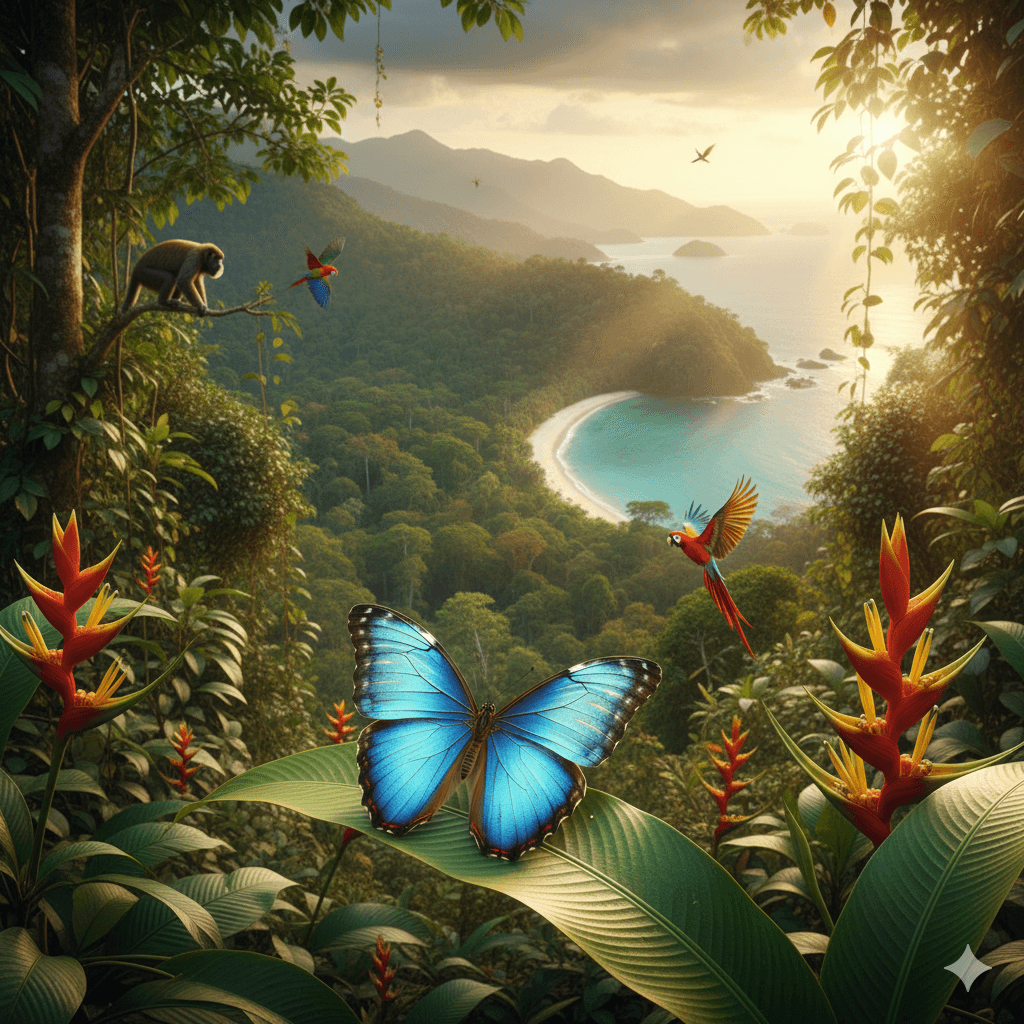 Vibrant rainforest scenery of Osa Peninsula, Costa Rica, featuring a blue morpho butterfly and tropical wildlife.
