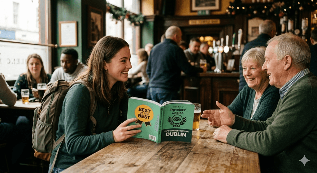 TripAdvisor 2026 Solo Travel Awards: Female traveler in Dublin pub with TripAdvisor guidebook