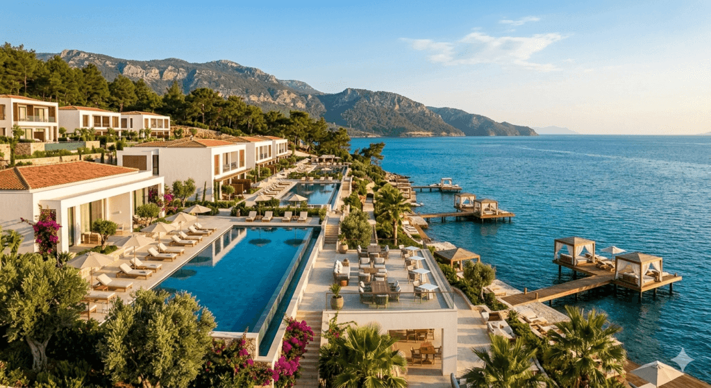 Luxury Mediterranean resort in Türkiye with infinity pools, private wooden piers over turquoise waters, and modern villa architecture under a clear blue sky.
