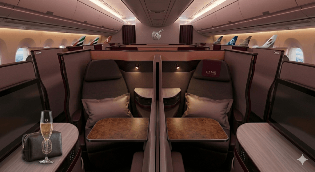 An ultra-luxury Qatar Airways Qsuite cabin, meticulously detailed with a private amenity kit and a crystal champagne flute, embodying pure comfort and elegance.