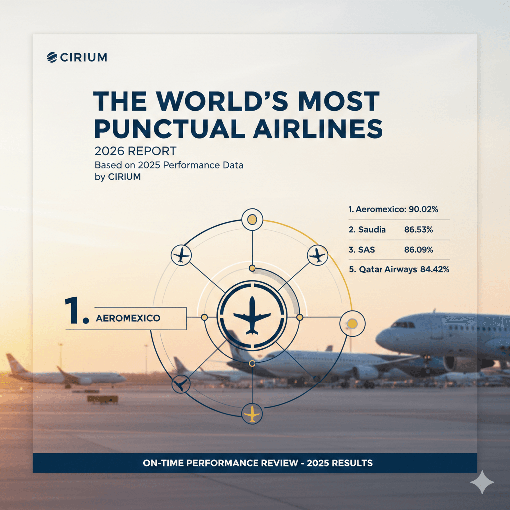 Infographic showing the top 10 most punctual airlines in the world for 2026, based on Cirium's 2025 performance data, led by Aeromexico at 90.02%.