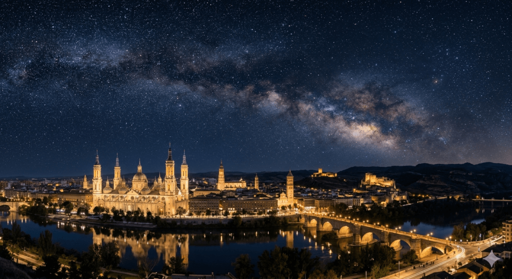 A panoramic night view of Aragon, Spain with a star-filled sky and historic architecture, representing top travel destinations for 2026.