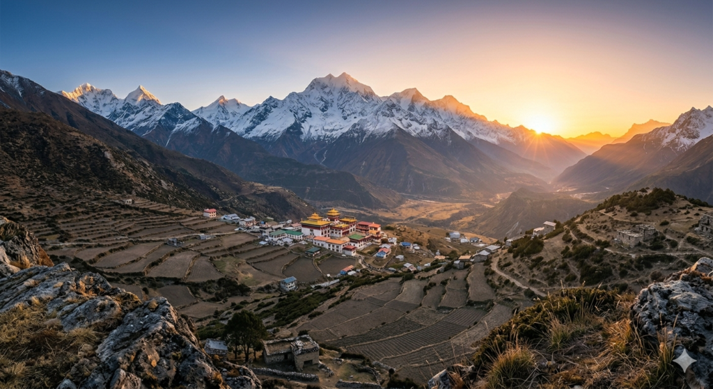 A wide-angle, minimalist photograph capturing the pristine and vast Indian Himalayan range at sunrise, featuring snow-capped peaks, a solitary, clean monastery settlement in a deep valley, and absolute absence of any prayer flags, poles, or strings - Latest Travel News