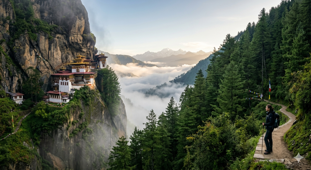 A professional wide shot of the Tiger’s Nest Monastery (Paro Taktsang) perched on a cliffside in Bhutan, featuring a traveler observing the misty Himalayan valley -Latest Travel News