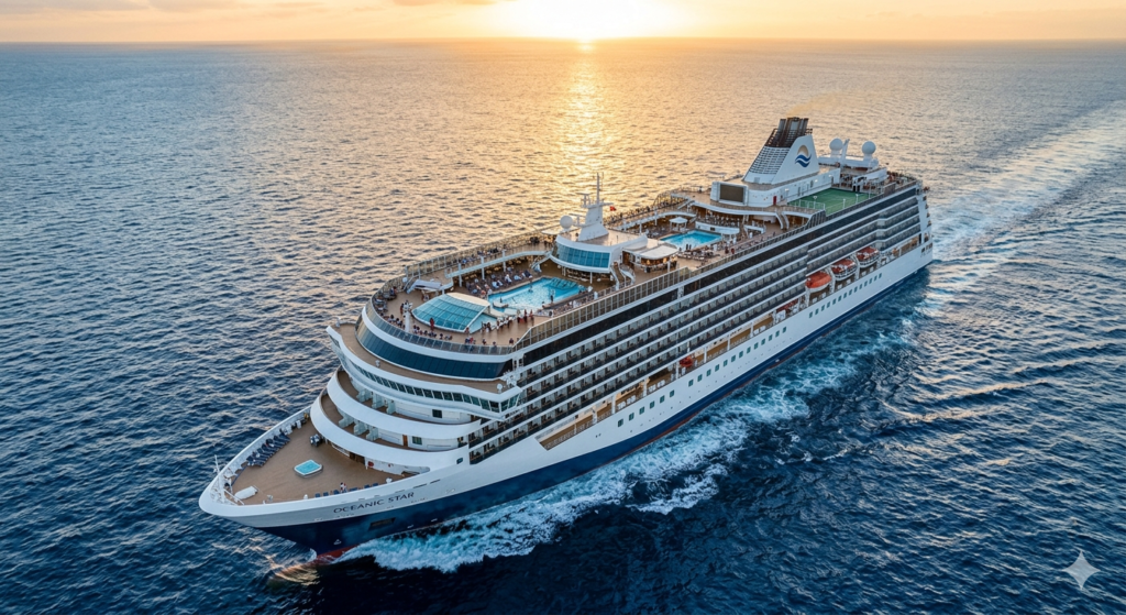Large luxury cruise ship cruising through calm deep ocean waters during a dramatic sunset - Latest Travel News