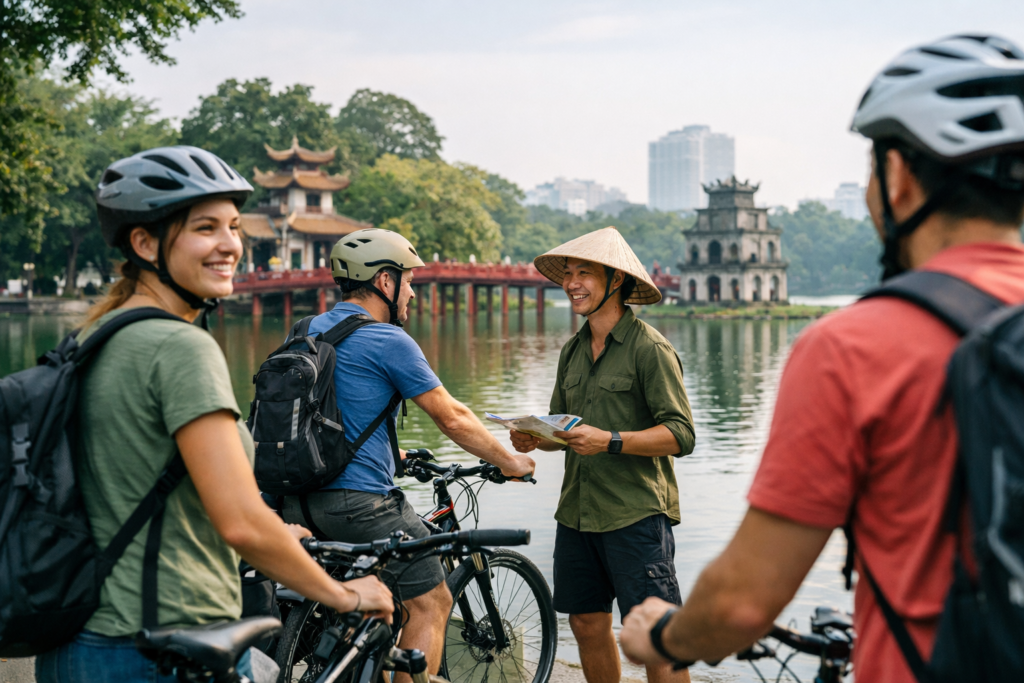 Solo travellers on a guided cycling tour at Hoan Kiem Lake in Hanoi, Vietnam, meeting their local guide before starting the Cycle Saigon to Hanoi adventure - Latest Travel News