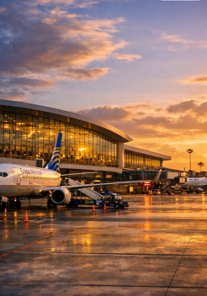 Panama City Tocumen Airport apron and modern terminal at sunset, professional hero image - Latest Travel News