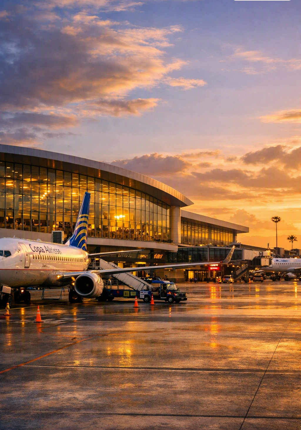 Panama City Tocumen Airport apron and modern terminal at sunset, professional hero image - Latest Travel News