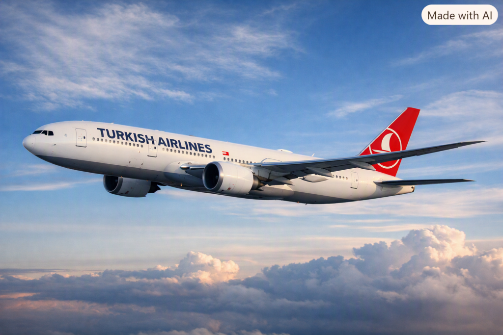 Turkish Airlines aircraft flying above clouds in a premium, realistic scene, representing the carrier’s 80% dominance at Istanbul Airport in the 2026 OAG Megahubs Index - Latest Travel News